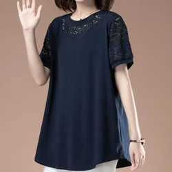 Summer New Women's Clothing Mid Length Cotton Short Sleeve Round Neck Hollow Out Large Size T-shirt Loose Fashion Casual Tops