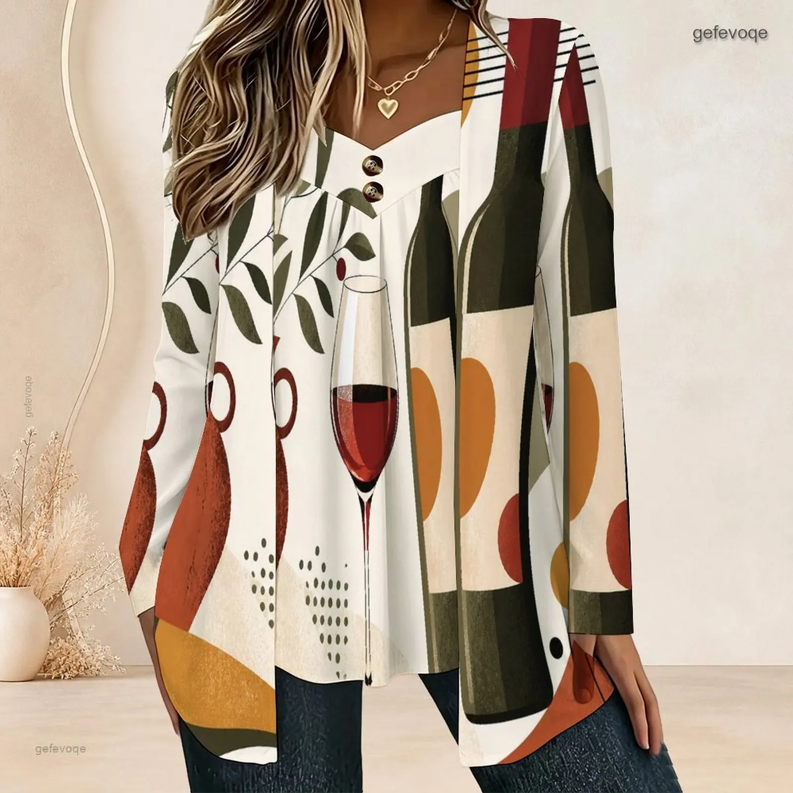 Chemisier à manches longues pour femmes, effet deux pièces, cardigan ouvert avec haut cami, col en V, détails boutonnés, devant plissé, tunique ample et surdimensionnée.