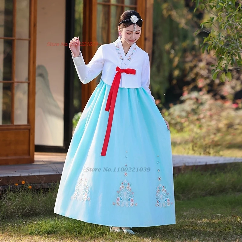 

2026 korean traditional dress hanbok flower embroidery folk stage dance costume fairy folk dress stage performance dance dress