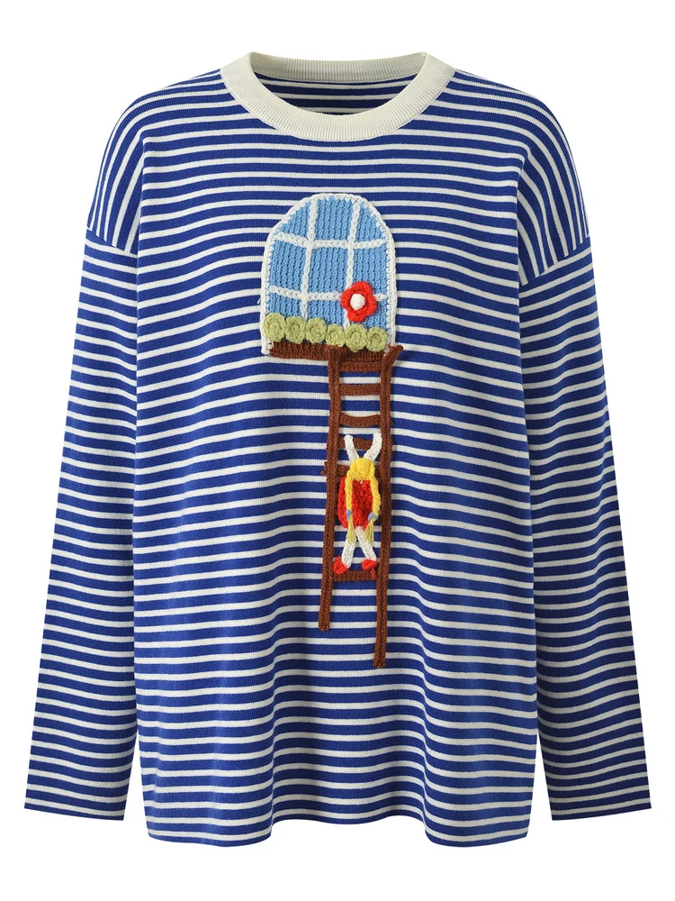 

Элитный европейский вязаный топ с 3D-узором в виде цветов и полосок, свободного кроя, с круглым вырезом и длинными рукавами, для женщин, повседневный, модный