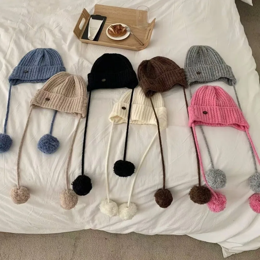 

Cute Winter Y2k Knitted Cap Thick Windproof Pom-pom Knit Cap Casual Soft Warm Beanie Hats Women