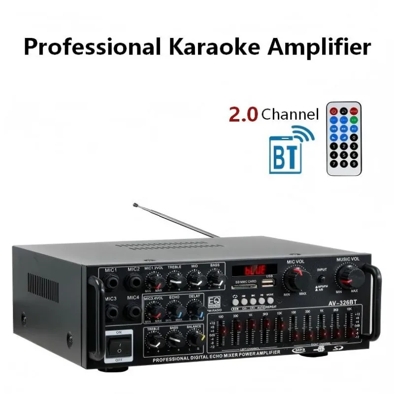 

Профессиональный караоке-усилитель AV-326BT 2.0, 300 Вт, 12В/220В, HIFI, с дисплеем и 5-полосным эквалайзером