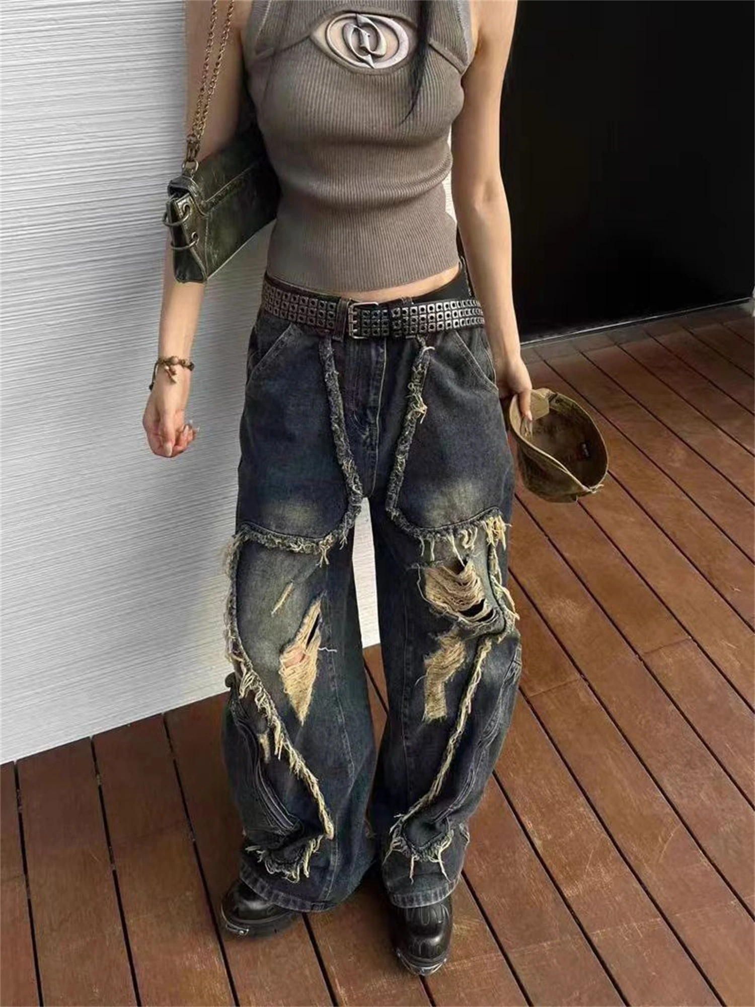 

Women's High Waist Wide Leg Blue Jeans Distressed Ripped Frayed Patchwork Zipper Pocket Vintage Y2K Streetwear Denim Trousers