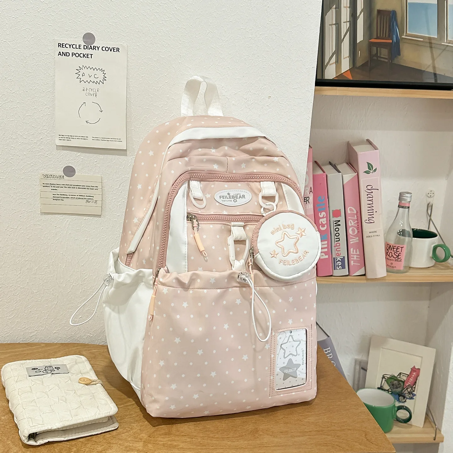 Nylon fabric lightweight student schoolbag, cute polka dot star girl large-capacity backpack, coin purse pendant