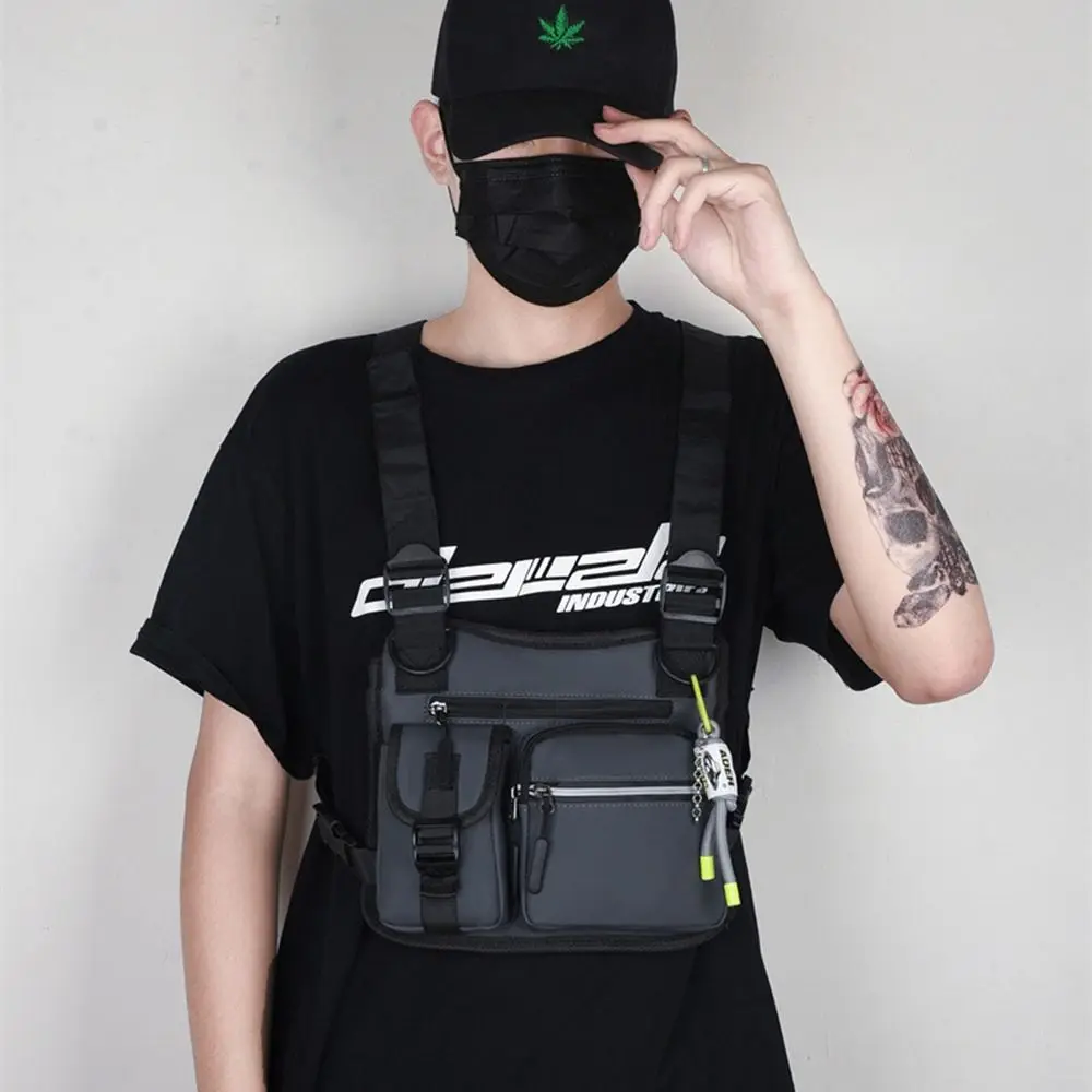 Oxford Cloth Men Chest Bag Large Capacity with Reflective Stripes Man' s Vest Bag Multi Pocket Phone Pack
