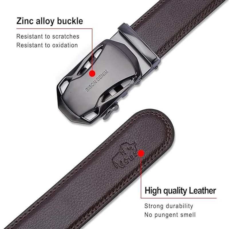 BISON DENIM Automatic Buckle Men Belt Luxury Brand Genuine Leather Waist Strap For Men Fashion High Quality Buainess Male Belts