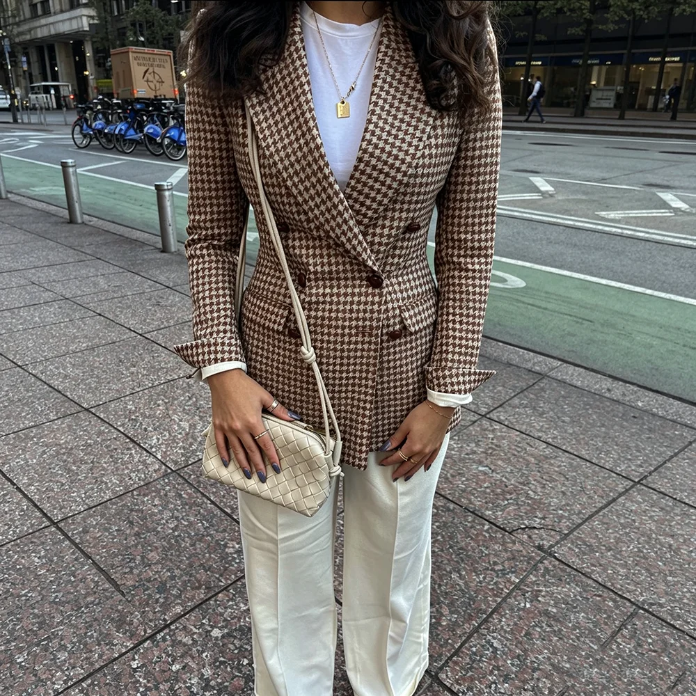 Smart Casual Suit For Women Houndstooth Blazer 2 Piece Peak Lapel Formal Jacket Straight Pants Double Breasted Female Outfit