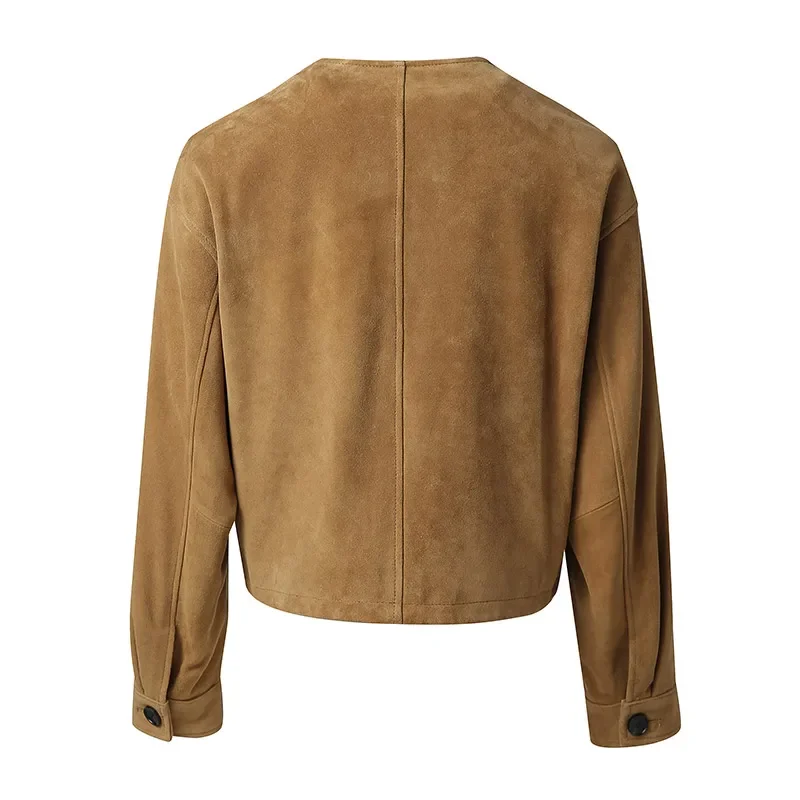 Hot Sale New Lady Autumn Fashion brand Leather Jacket Long Sleeve O-neck Short Outwear Sheepskin Natural Suede Coat