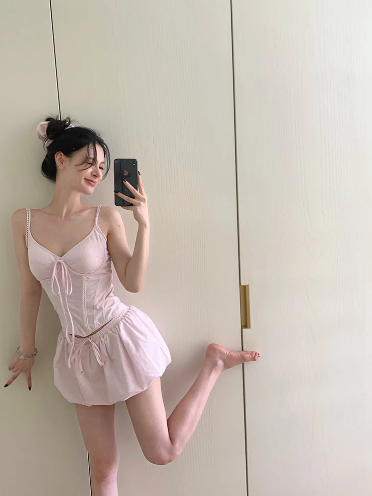 

Комплект из топа-бюстье с высокой талией и юбки Ele: женский модный хлопковый комплект с полосатым узором и утягивающими брюками-блумерами