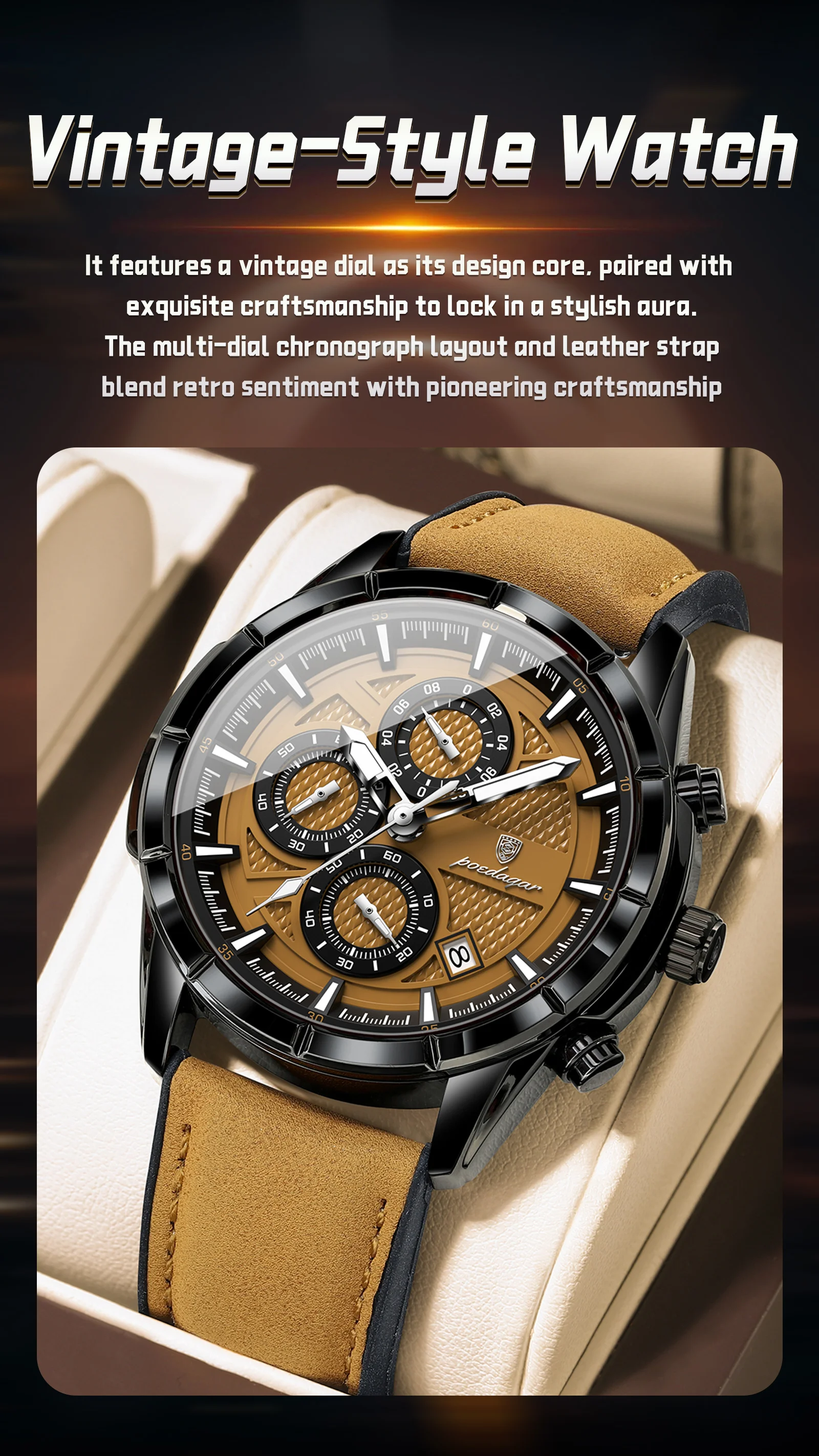 POEDAGAR Top Vintage Herren Armbanduhr Quarz Mode Leder Herrenuhren Datum Chronograph Wasserdicht Leuchtend Business Herrenuhr – Detail 3