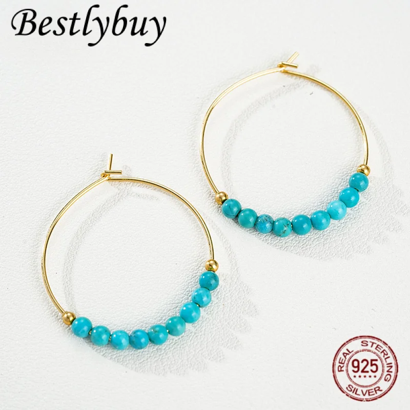 

Fashion Light Luxury Handmade Jewelry S925 Silver Plated 18K Gold Natural Turquoise Round Beads Women's Earrings