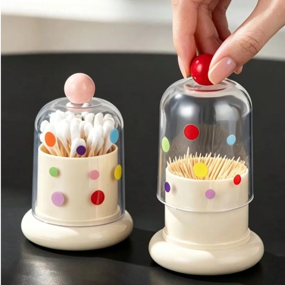 Polka Dot Toothpick Holder Dustproof Food Grade PP Plastic Cotton Swab Storage Box Contrast Color Transparent Cover
