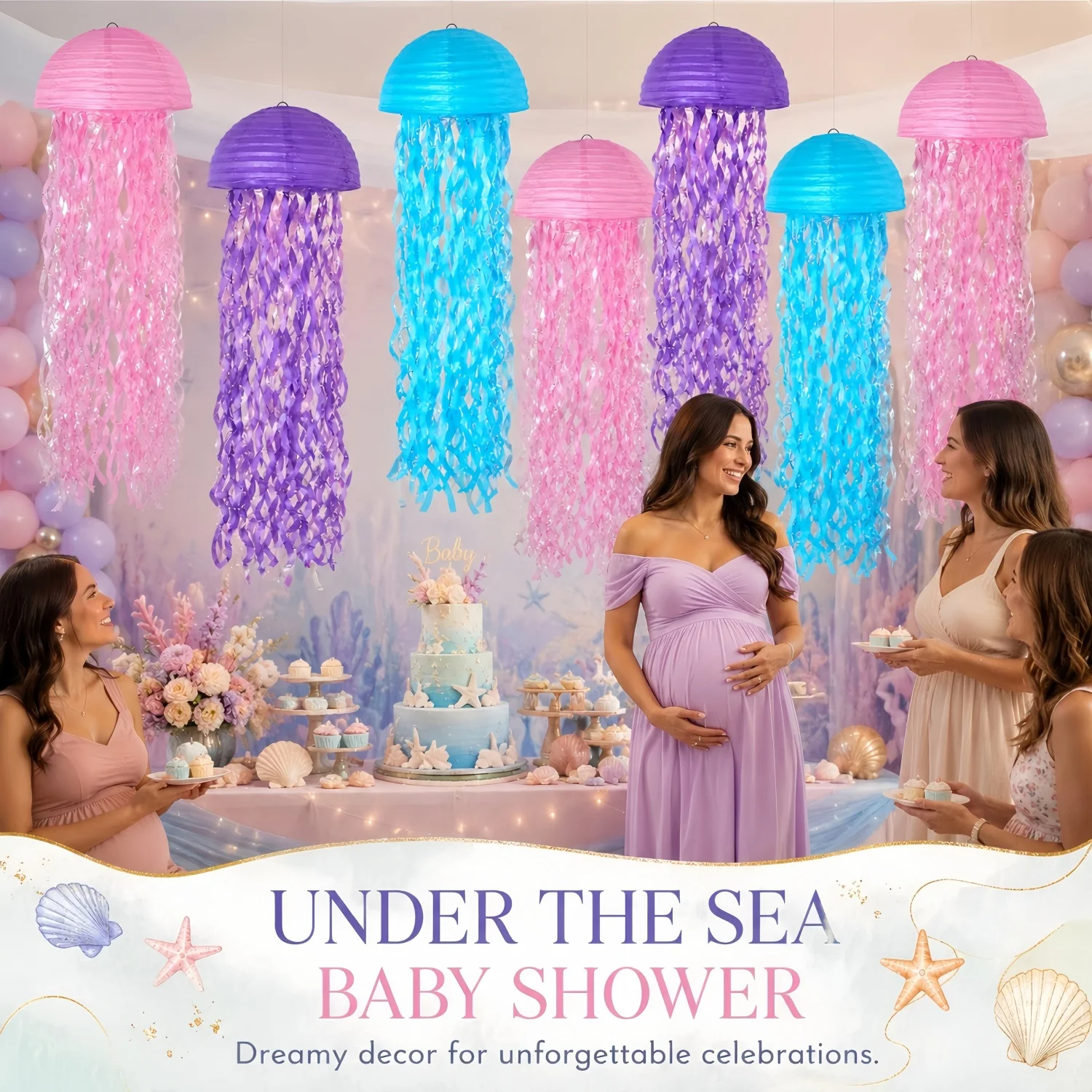 Jellyfish Paper Lanterns, Pink Purple Blue Under The Sea Party Decorations, Mermaid Birthday Decor, Ocean Themed Baby Shower view 3