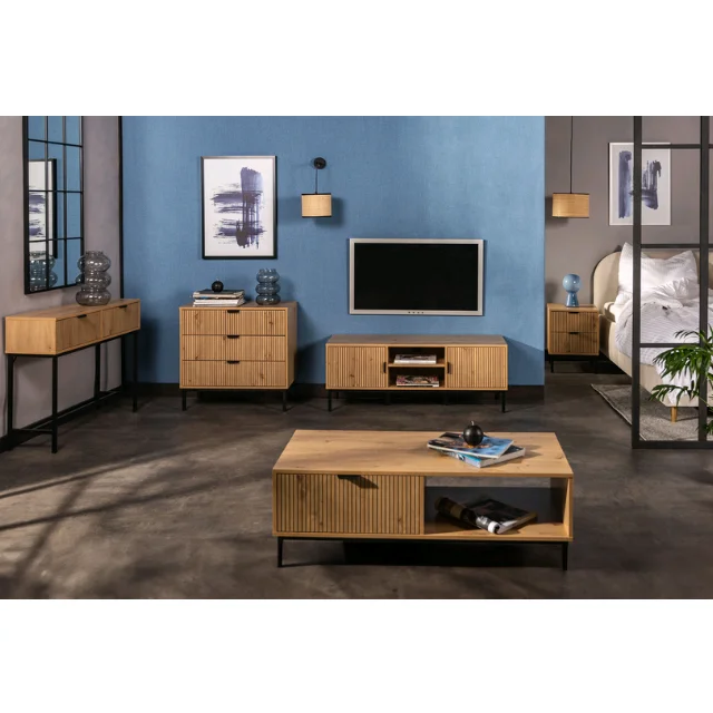

！@Combohome Table Wooden Tv Stand Furniture Living Room Tv Unit Cabinet Design with Black Metal Legs