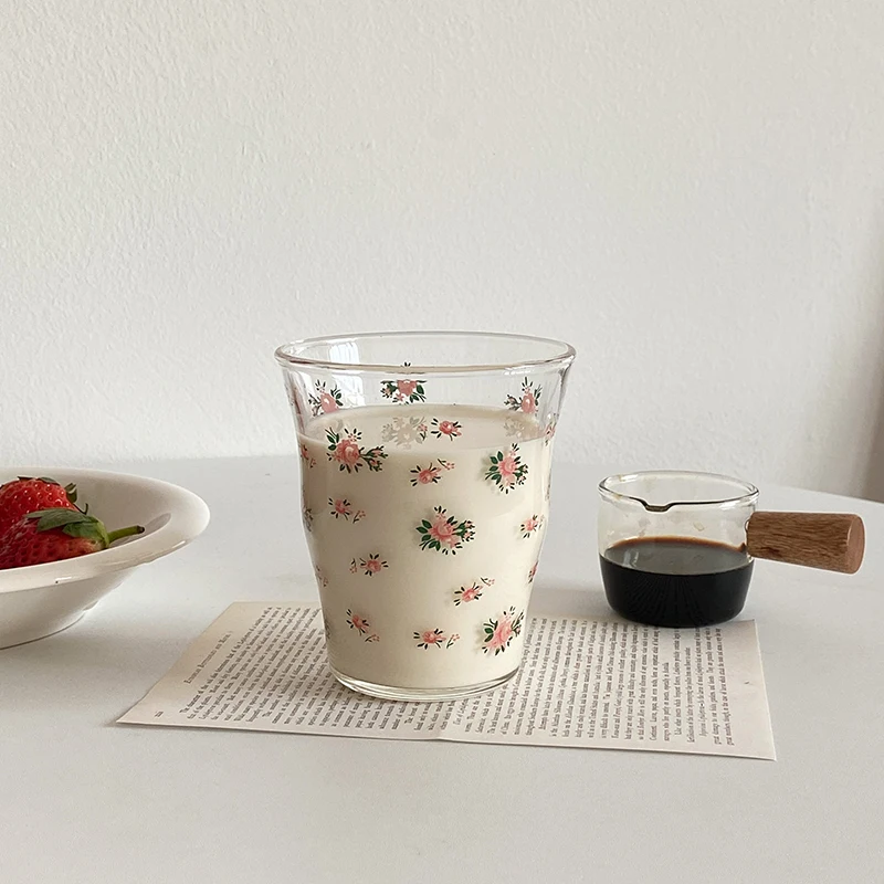 Rose Printed Glass Cup Breakfast Milk Coffee Cups Household Couple Water Mug Teacup Heat Resistance Thicken Drinkware