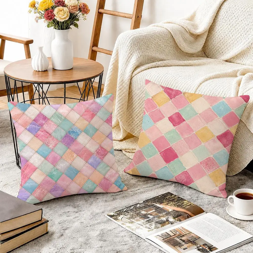 Colorful Tile Pattern Cushion Cover Soft Short Plush Throw Pillow Cover Decorative Cushion Case for Sofa Bedroom Home Decor Gift