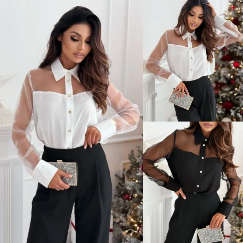 Women's Lace White Blouses 2025 New Spring And Autumn Elegant Black Lapel Long Sleeve Mesh Splicing Shirt For Women Fashion Tops