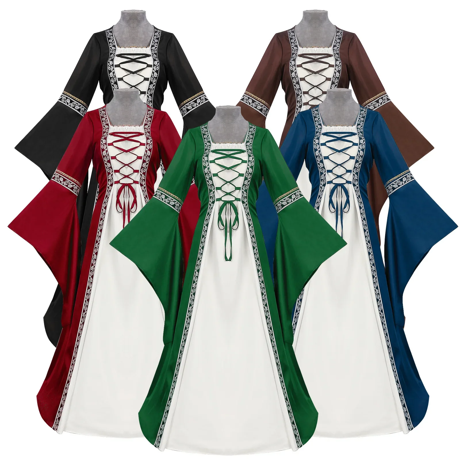 

Ролевой костюм, средневековое кружевное длинное платье с квадратным воротником и рукавами-колокольчиками, сценический костюм