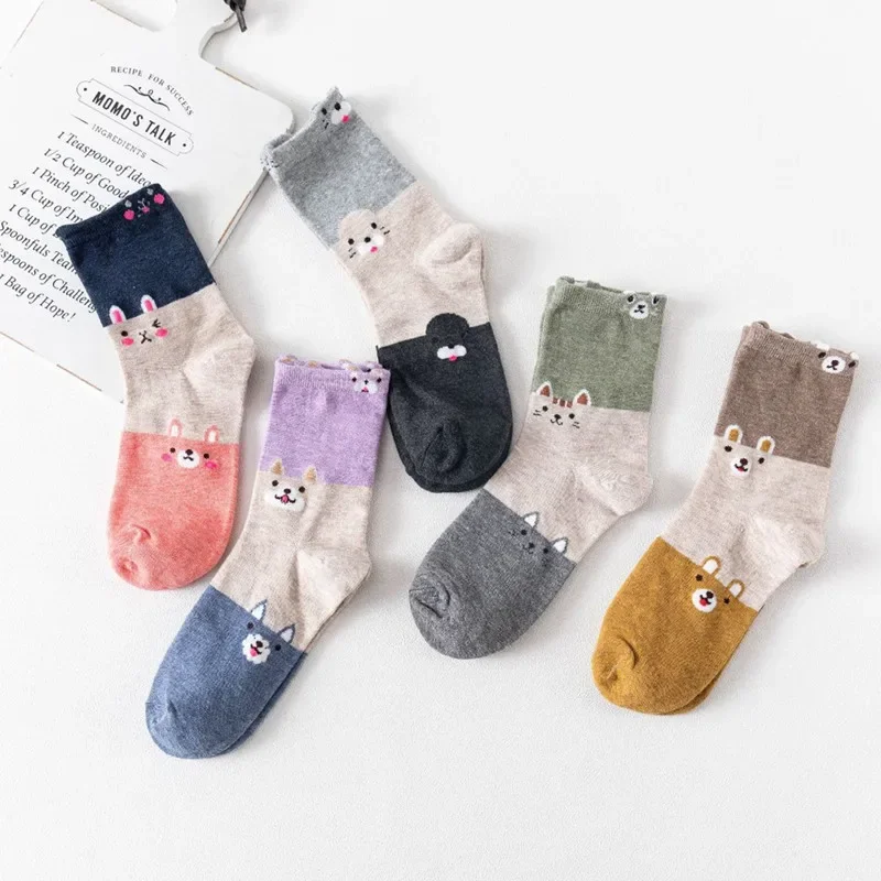 

New Personalized Trendy Socks Color Matching Example Women's Socks Cute Little Animal Head Pictur Mid Length Socks