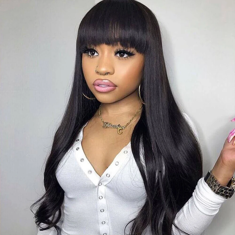 

30 Inch Straight 3x1 HD Lace Closure Wigs With Bangs Neddie Wear And Go Full Machine Made Fringe Bob Human Hair Brazilian Wigs