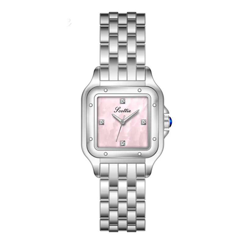 New Square Steel Strip Small Dial Colorful Mother of Pearl Face Rhinestone Women\'s Watch Elegant Business Quartz Watch