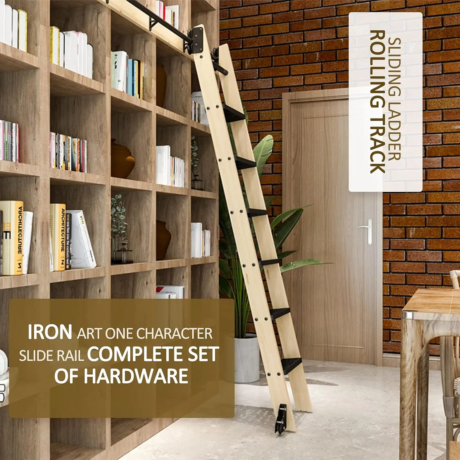 Library Sliding Roller Ladder Rail Barn Door Kit - Home Office Mobile Ladder Track With Wrought Iron Floor Roller Wheels