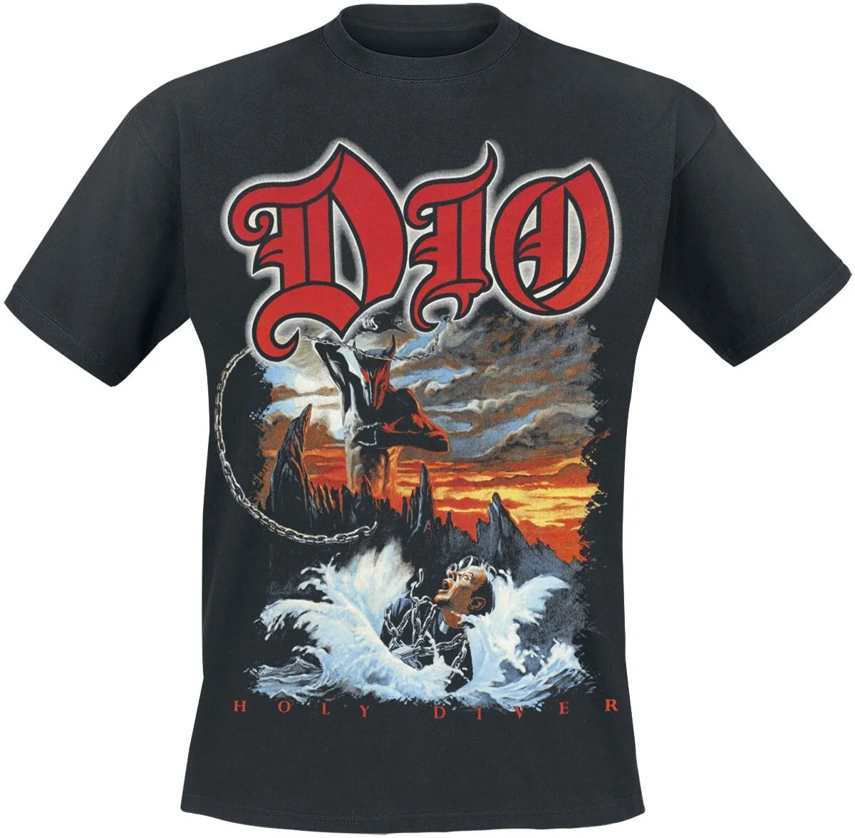 Camiseta do álbum Dio Holy Diver, camiseta de heavy metal com arte clássica na capa e estampa de letra nas costas, produto para fãs do Dio