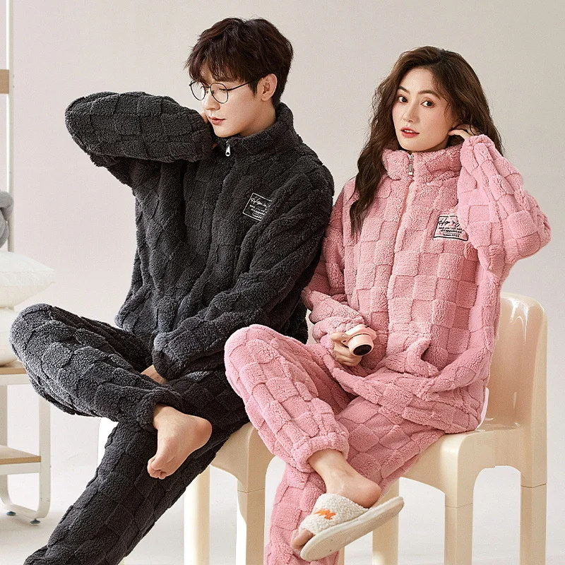 Couple Winter Flannel Pajamas Long-sleeved Coral Velvet Warm Men\'s Pajamas Set Cardigan Zipper Korean Home Wear