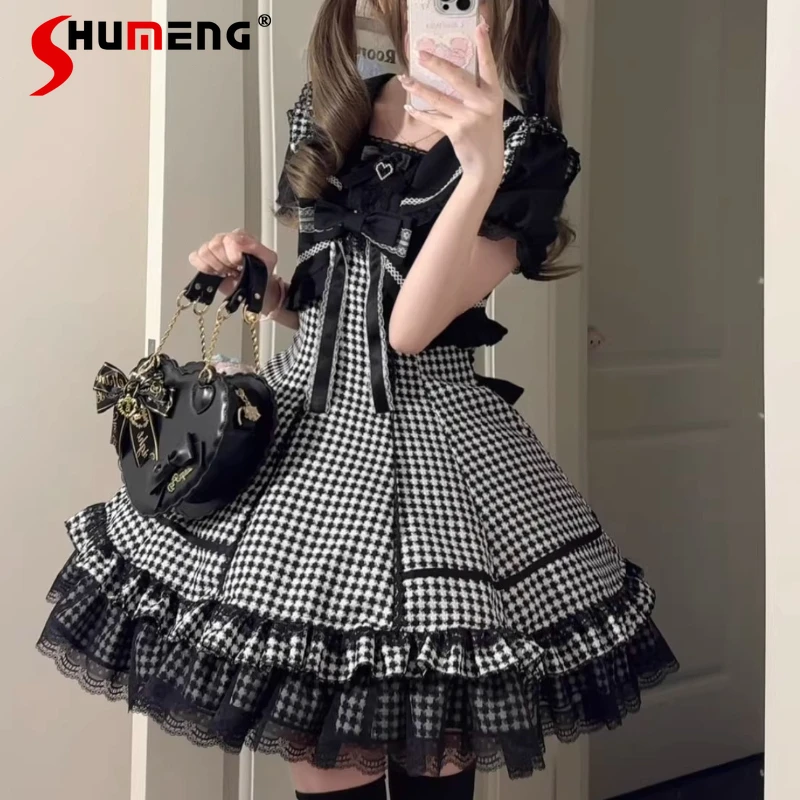 

Sweet Y2k Design Silm Op Dress With Sleeves Houndstooth Vestidos Lolita Slimming Fake Two-piece Nine-piece Cut Design Dresses
