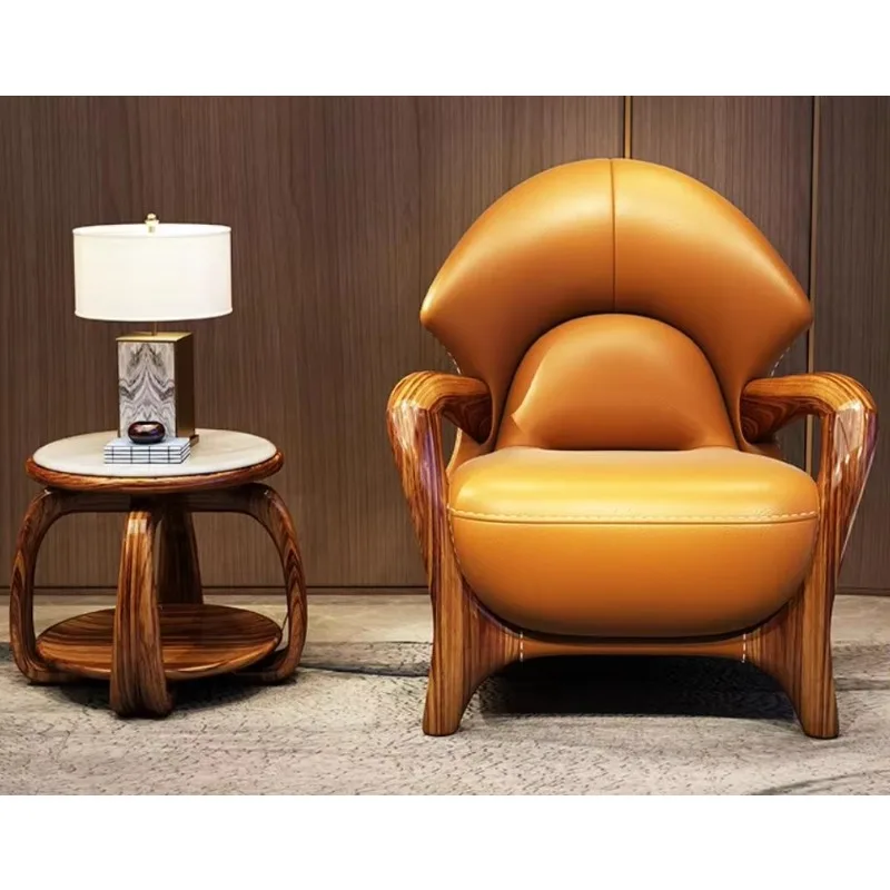 

Luxury noble solid wood leather single leisure chair designer sofa high back tiger chair villa living room