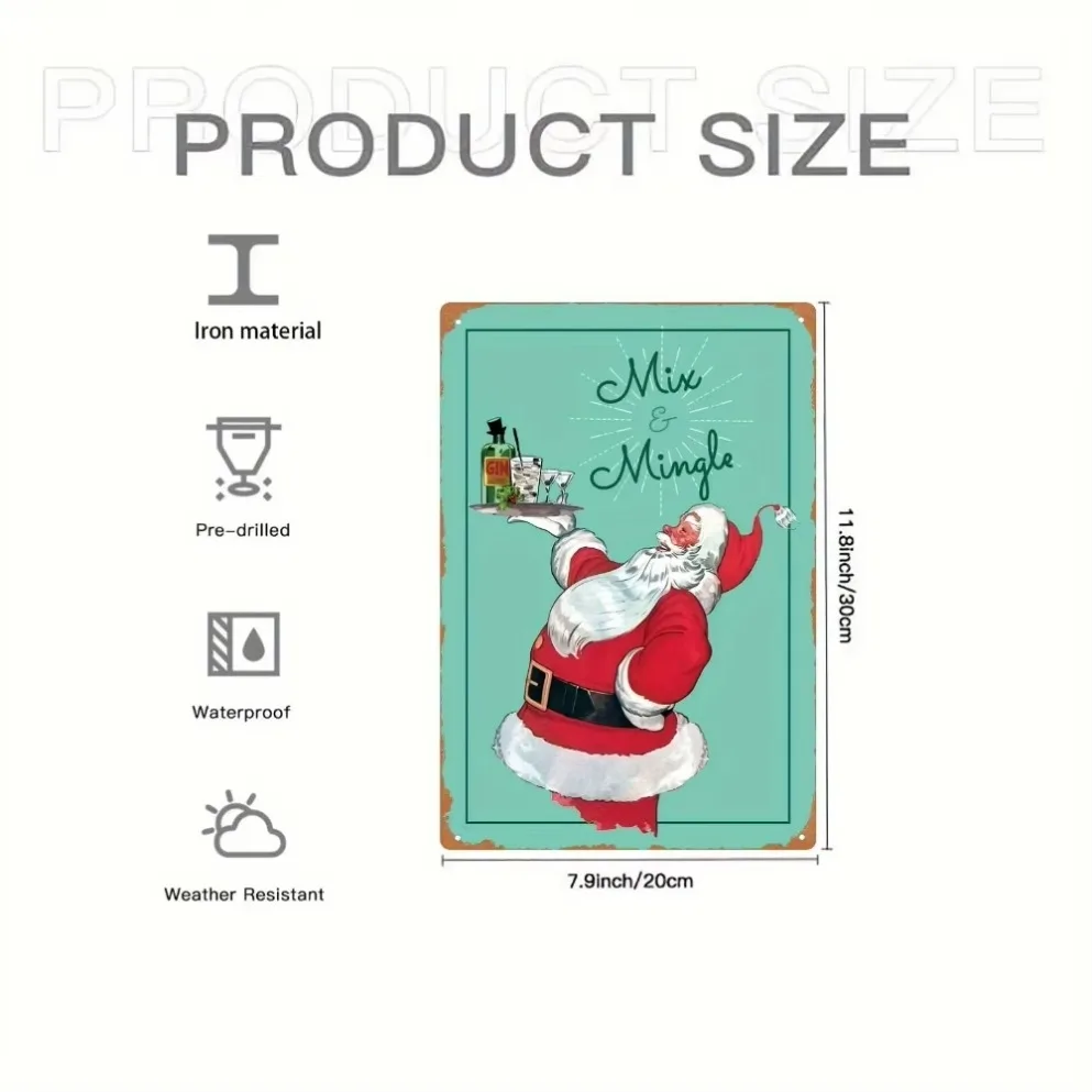 قطعة واحدة من لافتة سانتا المعدنية العتيقة "ميكس آند مينغل" ثنائية الأبعاد - فن جداري متين لعيد الميلاد، مثالي للمنزل/البار والمقهى/المرآب/الفناء