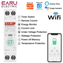 Умный автоматический выключатель Tuya Wi-Fi, таймер MCB, 1P + N, 63A, мощность, кВтч, измеритель напряжения и тока, защита голосового пульта дистанционного управления