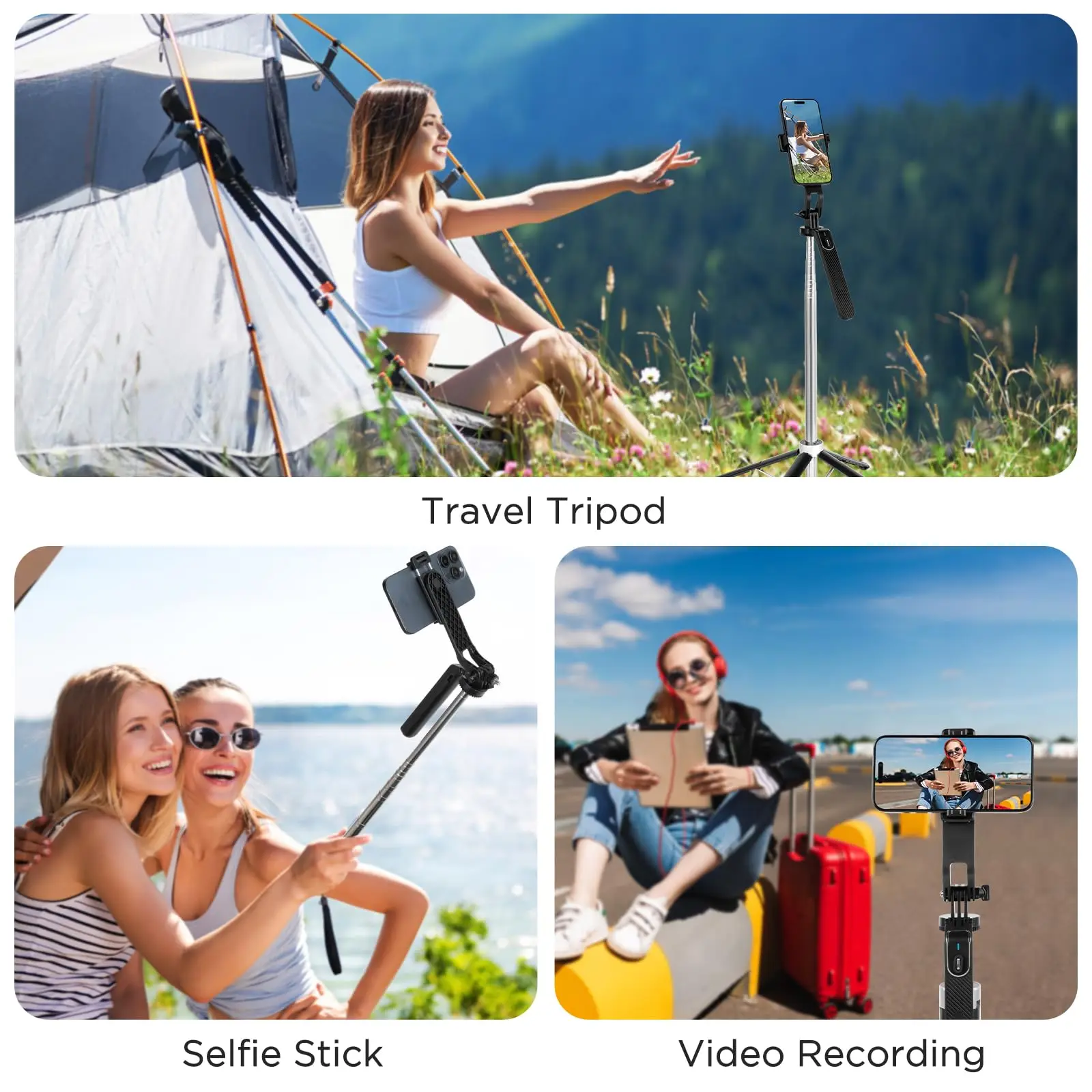 180cm Selfie Stick Quad Tripod Extendable Mobile Phone Tripod 360° Rotation Compatible with IPhone Android Phone, Camera