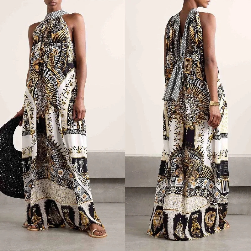 

Boho Vintage Pattern Print Long Dresses Women Sexy O Neck Tie-up Backless Party Dress Summer Sleeveless Loose Maxi Dress Vestido