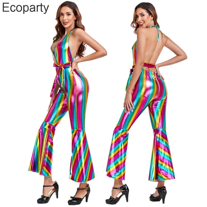 Nieuwe Retro 70's Hippies Disco Kostuums Voor Vrouwen Sexy Deep V Backless Kleurrijke Strepen Jumpsuit Halloween Festival Feest Dress Up