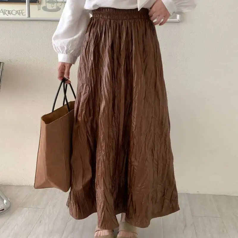 

LIMO 2025 Новая женская длинная плиссированная юбка из мягкой матовой искусственной кожи, универсальная макси-миди с высокой талией и эластичным поясом