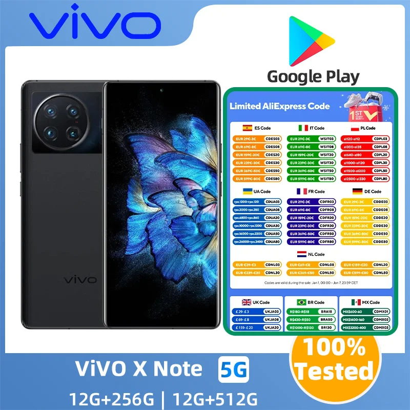 VIVO X Note 5G SmartPhone 7inches Screen  ROM 256GB  5000Mah 50MP 5X  Snapdragon8 Gen1 80W Super 50W Wireless Charge  used phone