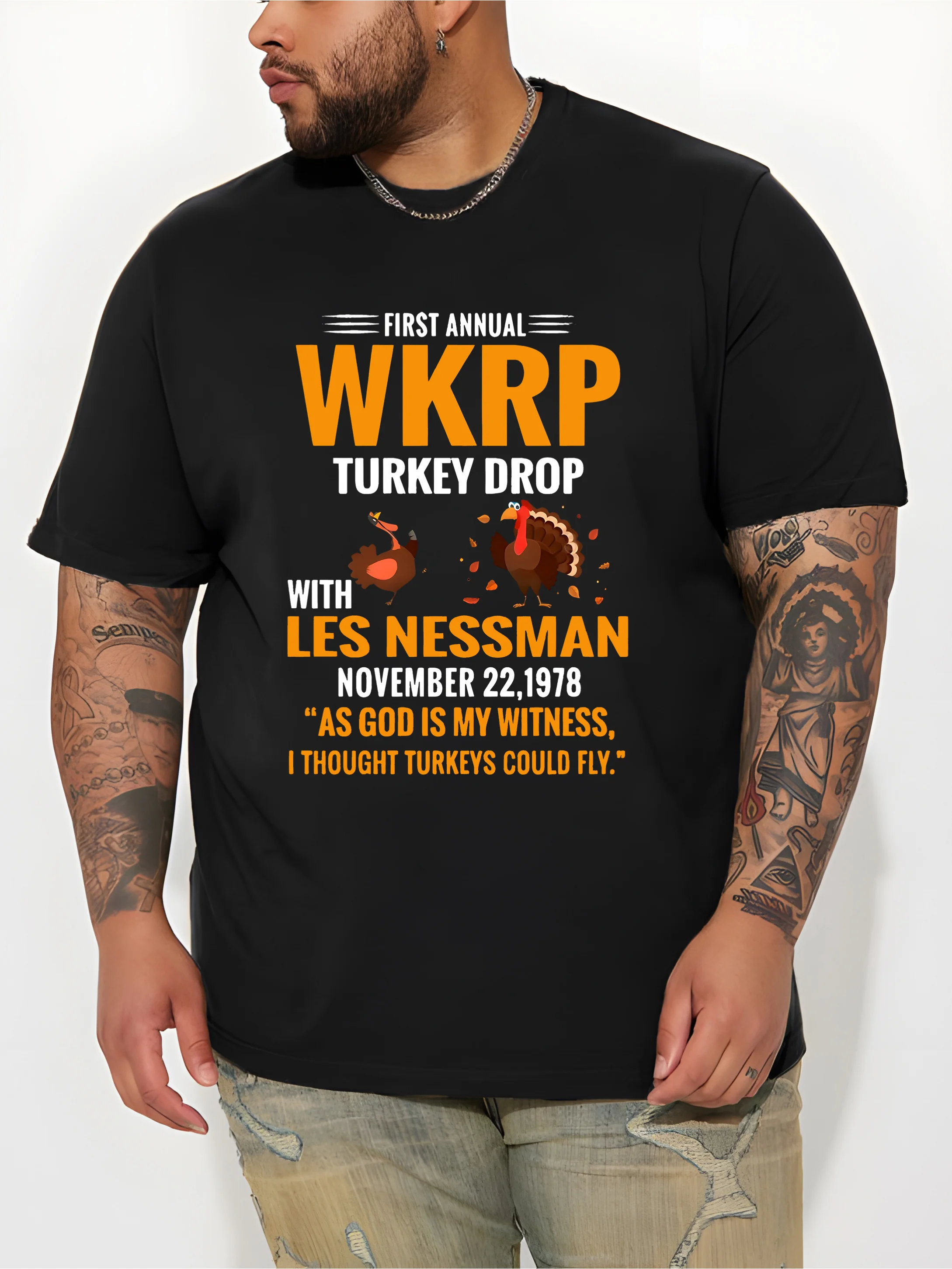 

[Cotton Plus Size Tee] Heavy Cotton Blend Men's Plus Size T-Shirt | 230g, Creative Turkey Print with "WKRP