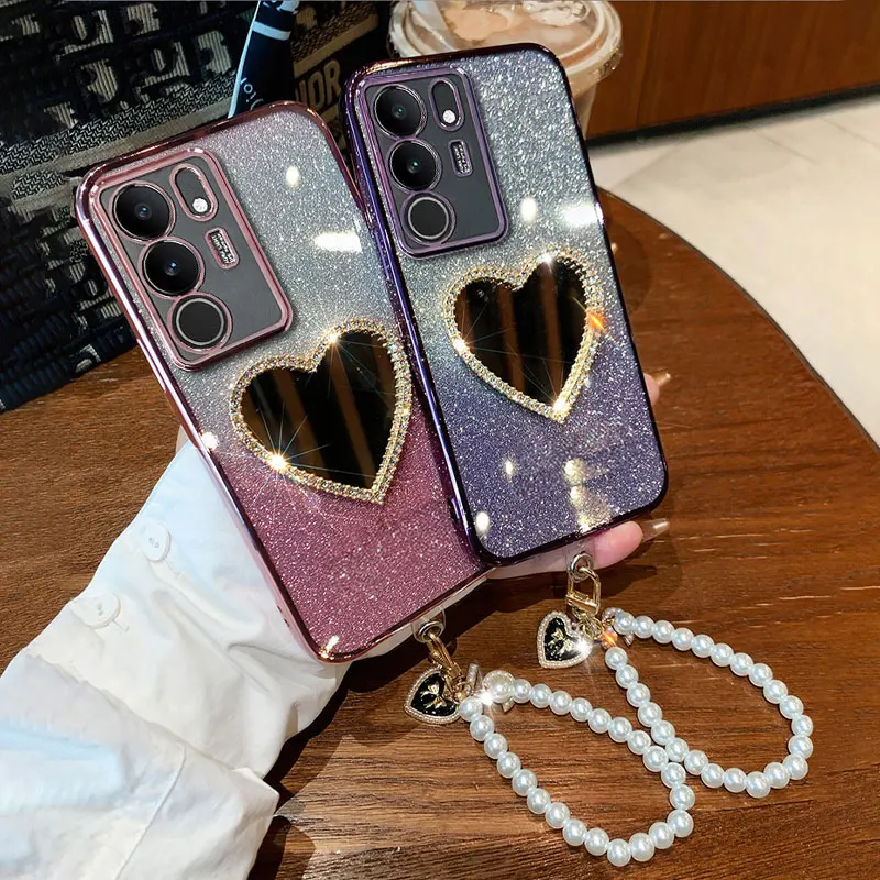 V 29 Cover Luxury Pearl Bracelet Case For Vivo V29 V30 Lite V27 pro V40 se Y72 Y78 Y51 Y31 Diamond Love Mirror Case with Lanyard