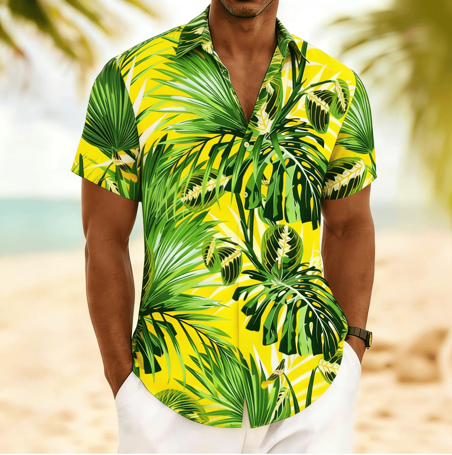 Hot Selling Men's Tropical Monsoon Palm Leaf Printed Short Sleeved Shirt Vacation Shirt, Loose Casual Top