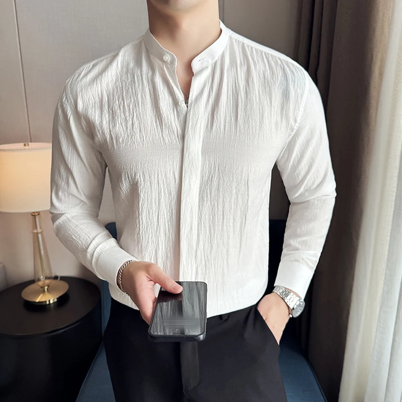 Men Linen Shirt, Chinese Standing Collar, 2024 Summer New Light and Thin Long Sleeved Shirt, Fashionable and Casual Men Clothing