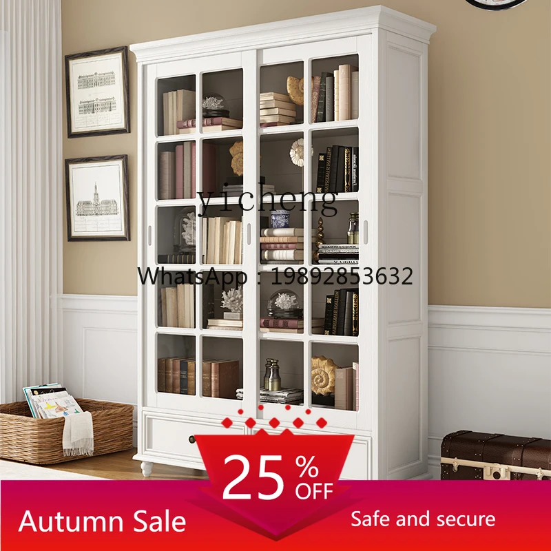 

American all-solid wood bookcase Floor-to-ceiling sliding glass sliding door bookshelf Locker against wall