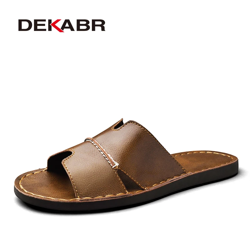 DEKABR Mens Genuine Leather Slide Sandals Summer Soft Rubber Sole Comfort Daily Wear Stitched Casual Male Fashion Shoes
