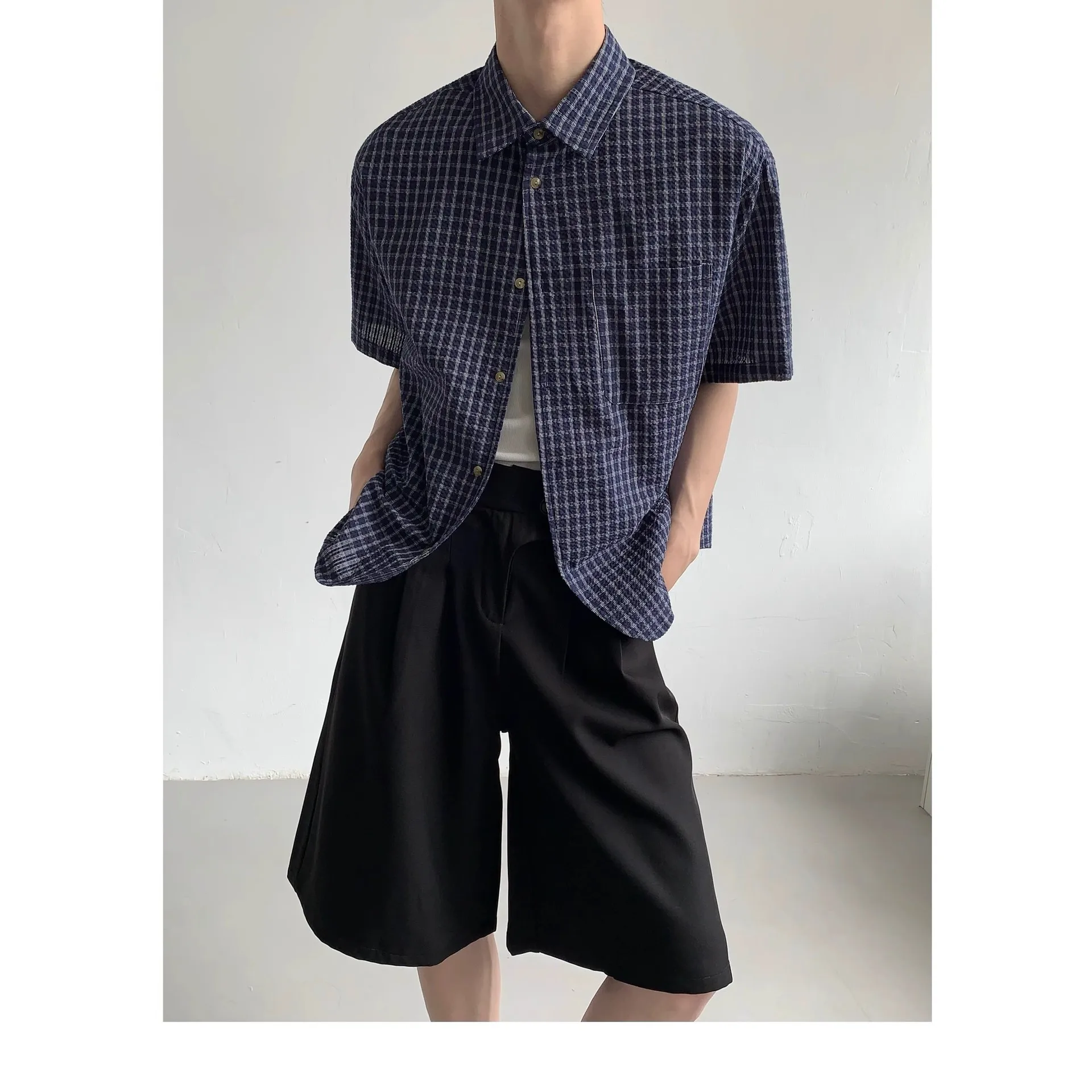 

2026 Summer Design Sense Casual Plaid Short-sleeved Shirt Top Men's Lazy High-end Shirt Niche