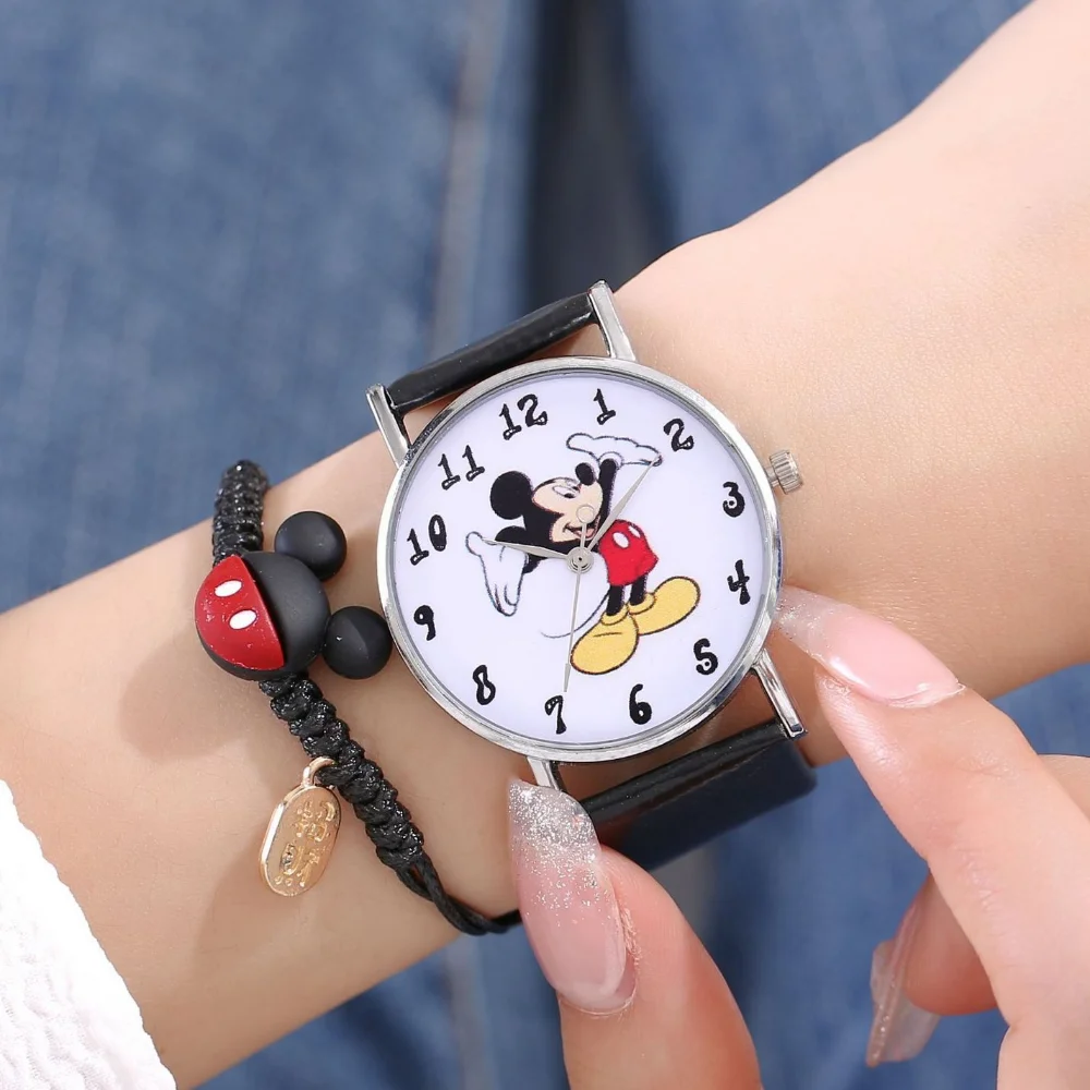 Disney Womens Kids Watches Bracelet Set with Box Fashion Mickey Mouse Cartoon Watch Women Children Bracelets Wristwatch Gift Box