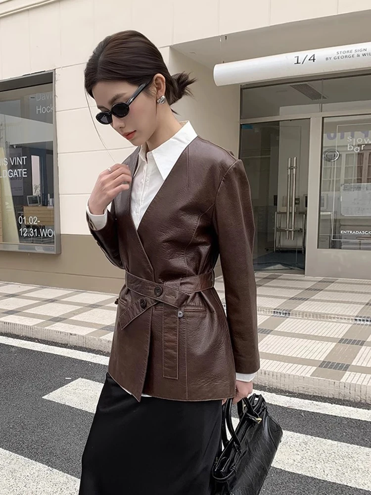Slim V-neck Genuine Leather Blazer Jackets for Women Spring Autumn High-end Simple Soft Oil Wax Real Sheepskin Coat with Belt
