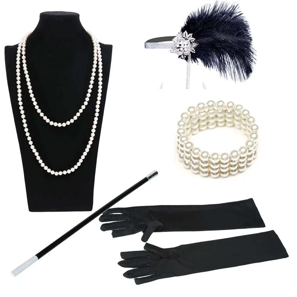 1920s Great Gatsby Party Costume Accessories Set 20s Flapper Feather Headband Pearl Necklace Gloves Cigarette Holder 5 Pcs Set