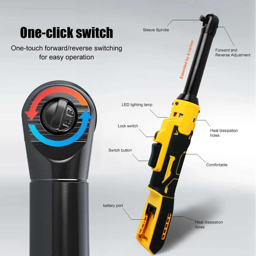 6-Zoll-Verlängerungs-Elektroschrauber mit hohem Drehmoment, 21 V Lithium-Ionen, 3/8 Zoll Ratschenschlüssel, Ratschengerät, kompatibel mit Dewalt oder Makita