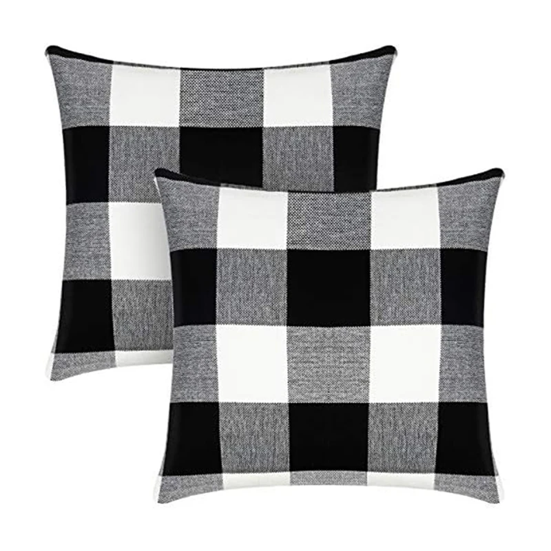 

Farmhouse Outdoor-Plaid Square Pillow Simple Style Spandex Cushion Cushion Case Black-And White Linen