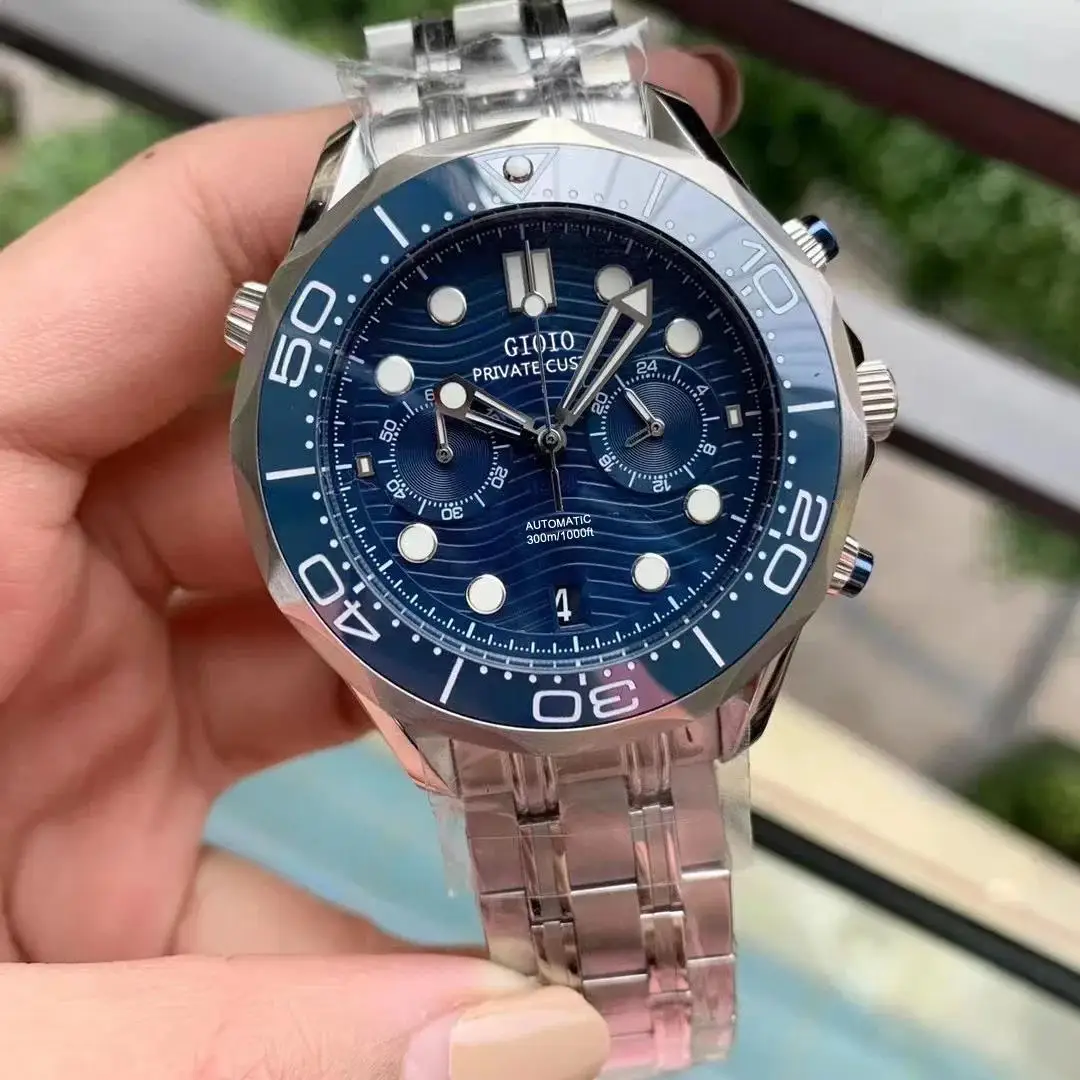 Montre chronographe à Quartz pour hommes, 44mm, haute qualité, noir, bleu, céramique, acier inoxydable, caoutchouc lumineux, or Rose